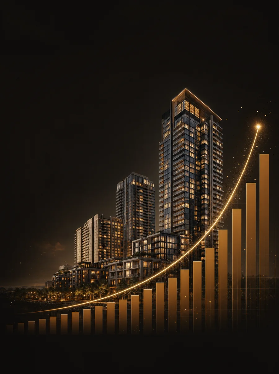 Valorização imobiliária — torres de alto padrão com curva de crescimento dourada